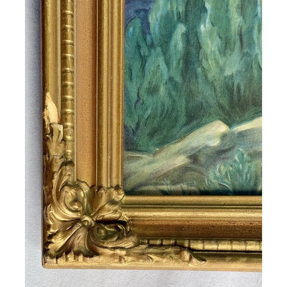 Vintage Jesus Praying Art Under Glass Ornate Gilt Wood Gold Frame Antique